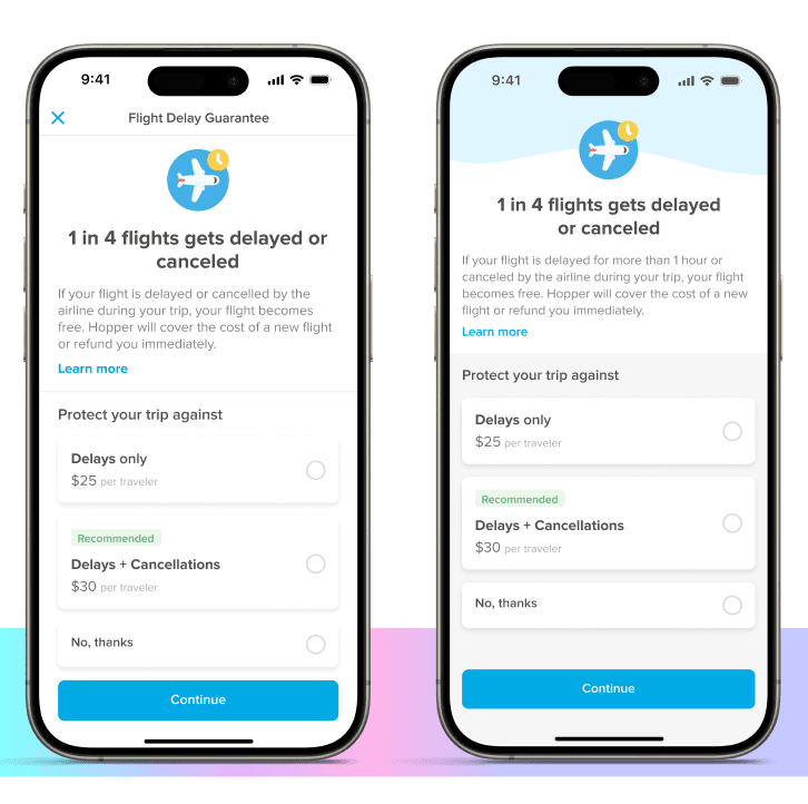 Before and after visual redesign of the Flight Delay Guarantee screen
